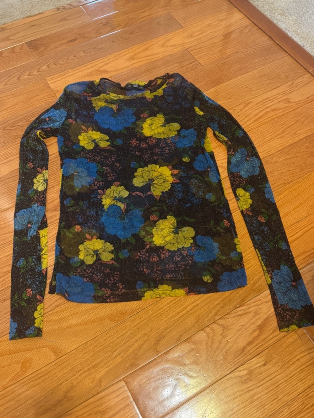 ZARA Sheer Black Long-Sleeve Floral Mesh Top with Blue & Yellow Flowers